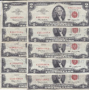 미국 1963년 토마슨 제퍼슨 행운의 2달러 레드씰 미품 10매 일괄