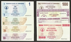 짐바브웨 지폐 8장 (미사용, 1~50십억 달러) 일괄