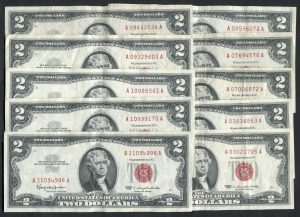미국 1963년 토마슨 제퍼슨 행운의 2달러 레드씰 준미사용~극미품 10매 일괄