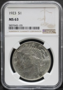 미국 1923년 1$ 피스 달러 미사용 은화 NGC 63등급