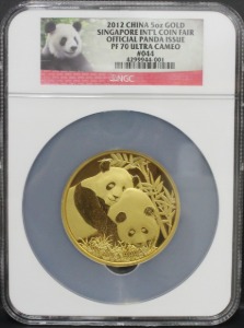 중국 2012년 싱가포르 화폐박람회 팬더 5온스 금메달 NGC 70등급