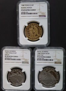 통가 1988년 서울 올림픽 기념 금화, 백금 (플레티넘), 팔라듐 주화 3종 세트 NGC 69~70등급