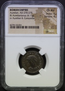 로마 270~275년 황제 아우렐리아누스 (Aurelianus) 데나리온 (Denarius) 은화 NGC AU 인증