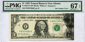 미국 1999년 1달러 에러 지폐 - Ink Smear Error PMG 67등급