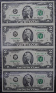 미국 2003년 토마슨 제퍼슨 행운의 2달러 4매 연결권 언컷시트 첩