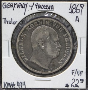 독일 1867년 프로이센 왕국 - 빌헬름 1세 도안 1탈러 통용 은화 사용제 미품