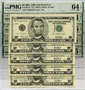 미국 2001년 5$ 5달러 스타 노트 (보충권) 연번호 5매 일괄 PMG 64~65등급