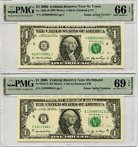 미국 2006년 1달러 레이더 (1806 6081) 2장 쌍둥이 PMG 66, 69등급