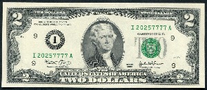 미국 2003년 토마슨 제퍼슨 행운의 2달러 이쁜 포카 번호 (7포카 7777) 미사용