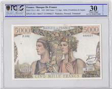 프랑스 1952년 5000프랑 대형 지폐 PCGS 30등급