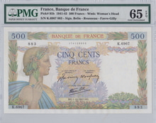 프랑스 1941년 500프랑 대형 지폐 PMG 66등급