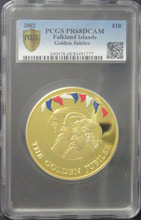 포클랜드 제도 2002년 영국 여왕 50주년 기념 금도금 5oz 은화 PCGS 68등급