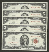 미국 1963년 토마슨 제퍼슨 행운의 2달러 레드씰 5연번 (연속번호 5매) 미사용