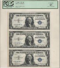 미국 1935년 은태환권 (Silver Certificate) 1달러 1$ 3매 연결권 초판 (880~882) PCGS 63등급
