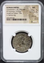 로마 305~306년 황제 콘스탄티누스 1세 (Constantinus I) 눔무스 (Nummus) 은화 NGC 미사용 MS 인증