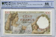 프랑스 1939년 (1942년) 100프랑 대형 지폐 PCGS 66등급